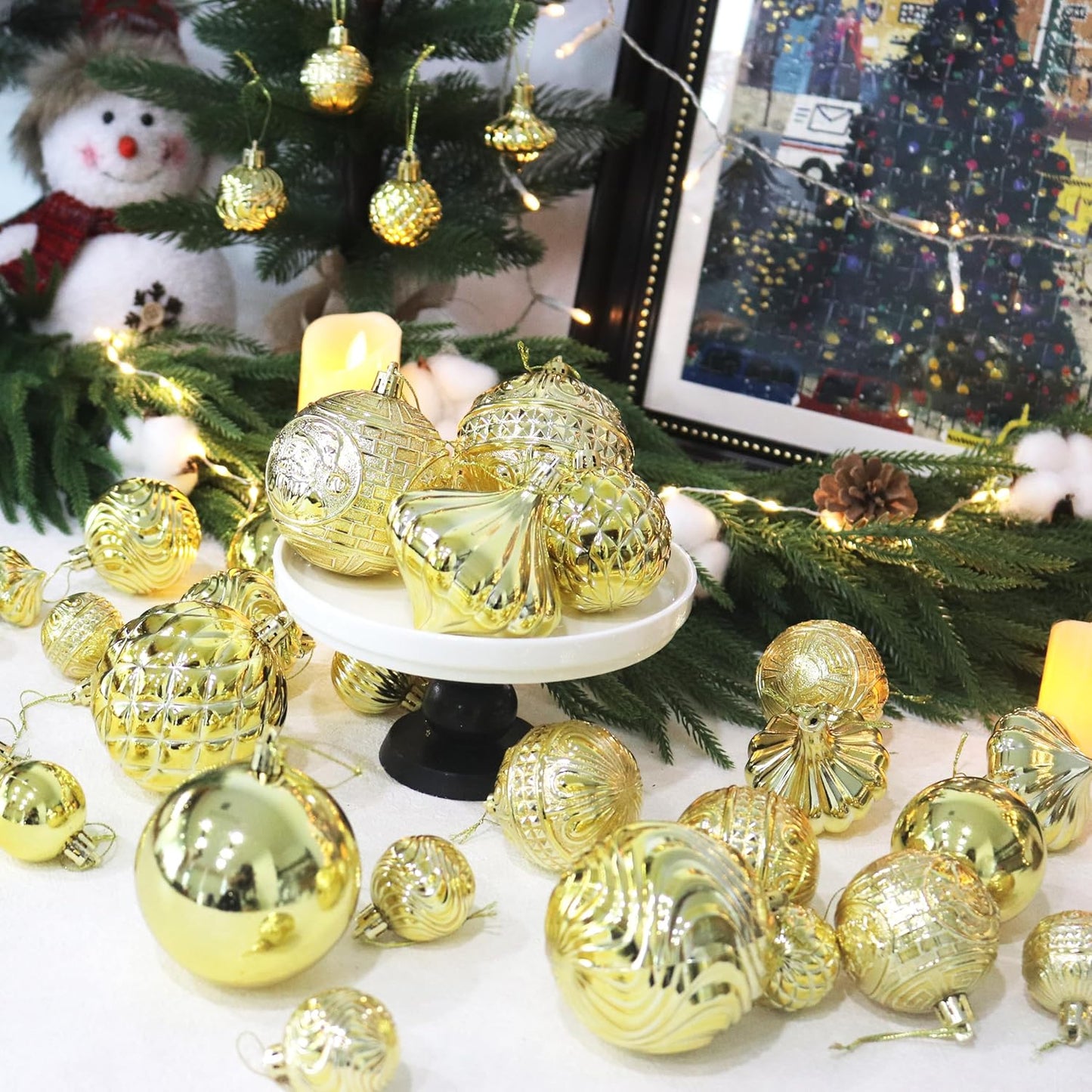 Christmas Ornaments Set with 36pcs Shatterproof Christmas Tree Decorations Multi-Size Christmas Ball Ornaments with 7 Styles Gold