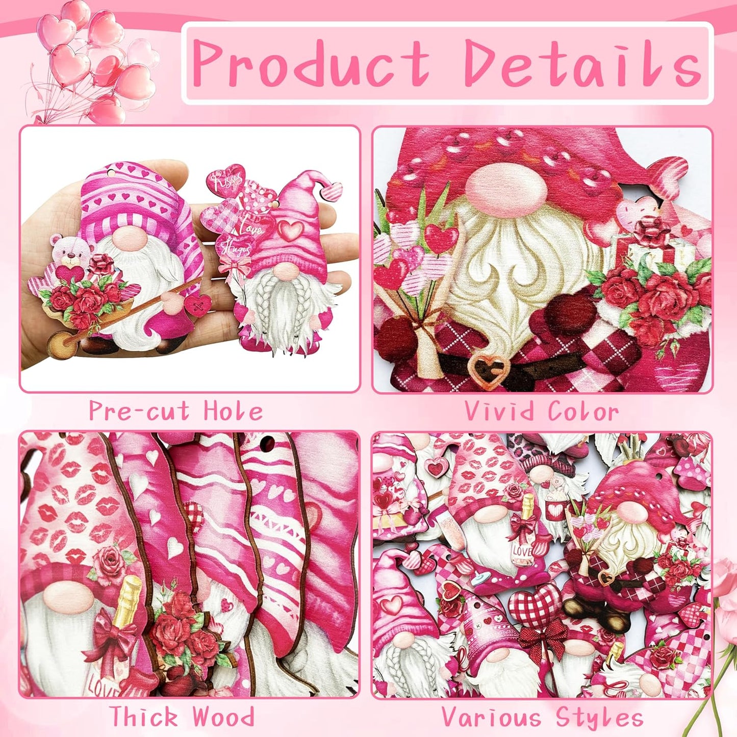 Valentine Wooden Hanging Ornaments, Wood Decor for Tree Decoration, Santa Doll Craft, Gnome Elf Party Supplies (Valentine-Gnomes-A)