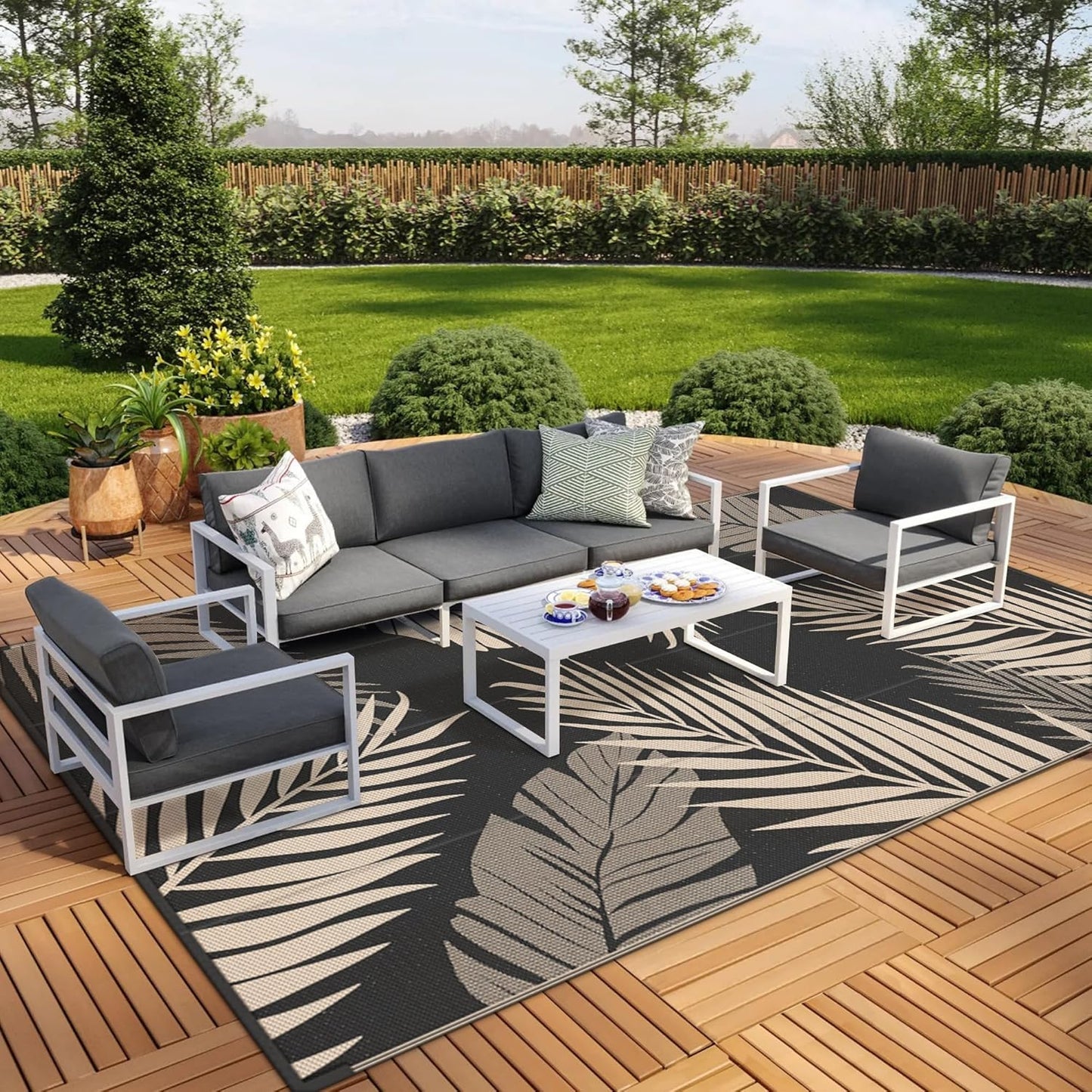 GENIMO Outdoor Rug 10' x 14' Waterproof for Patios Clearance, Reversible Outdoor Plastic Straw Camping Rug Carpet, Large Area Rugs Mats for RV, Camper, Deck, Balcony, Porch, Beach, Picnic, Black&Beige