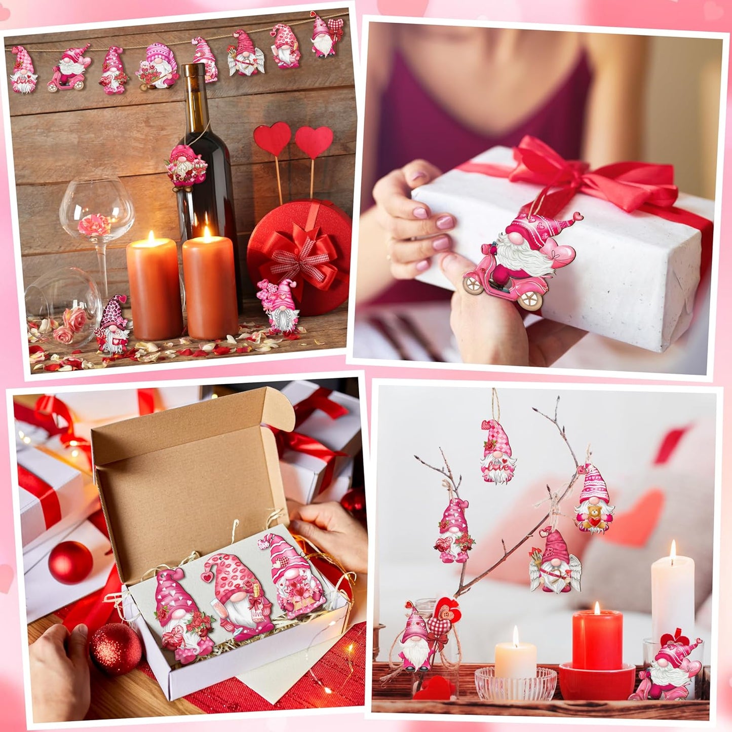 Valentine Wooden Hanging Ornaments, Wood Decor for Tree Decoration, Santa Doll Craft, Gnome Elf Party Supplies (Valentine-Gnomes-A)