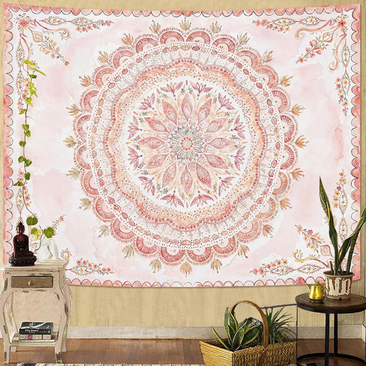 Fowocu Boho Floral Mandala Tapestry Wall Hanging Pink Bohemian Flower Medallion Tapestry Aesthetic Watercolor Hippie Indian Small Tapestries for Bedroom Living Room Dorm Decor 60 x 44 Inch