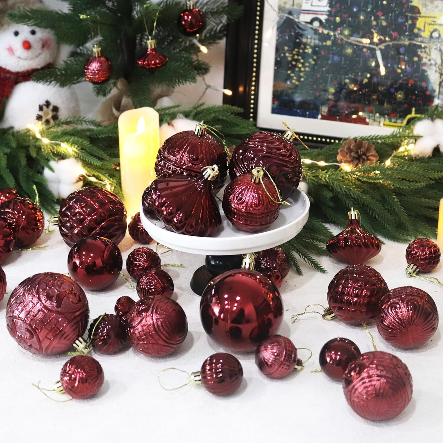 Christmas Ornaments Set with 36pcs Shatterproof Christmas Tree Decorations Multi-Size Christmas Ball Ornaments with 7 Styles Burgundy