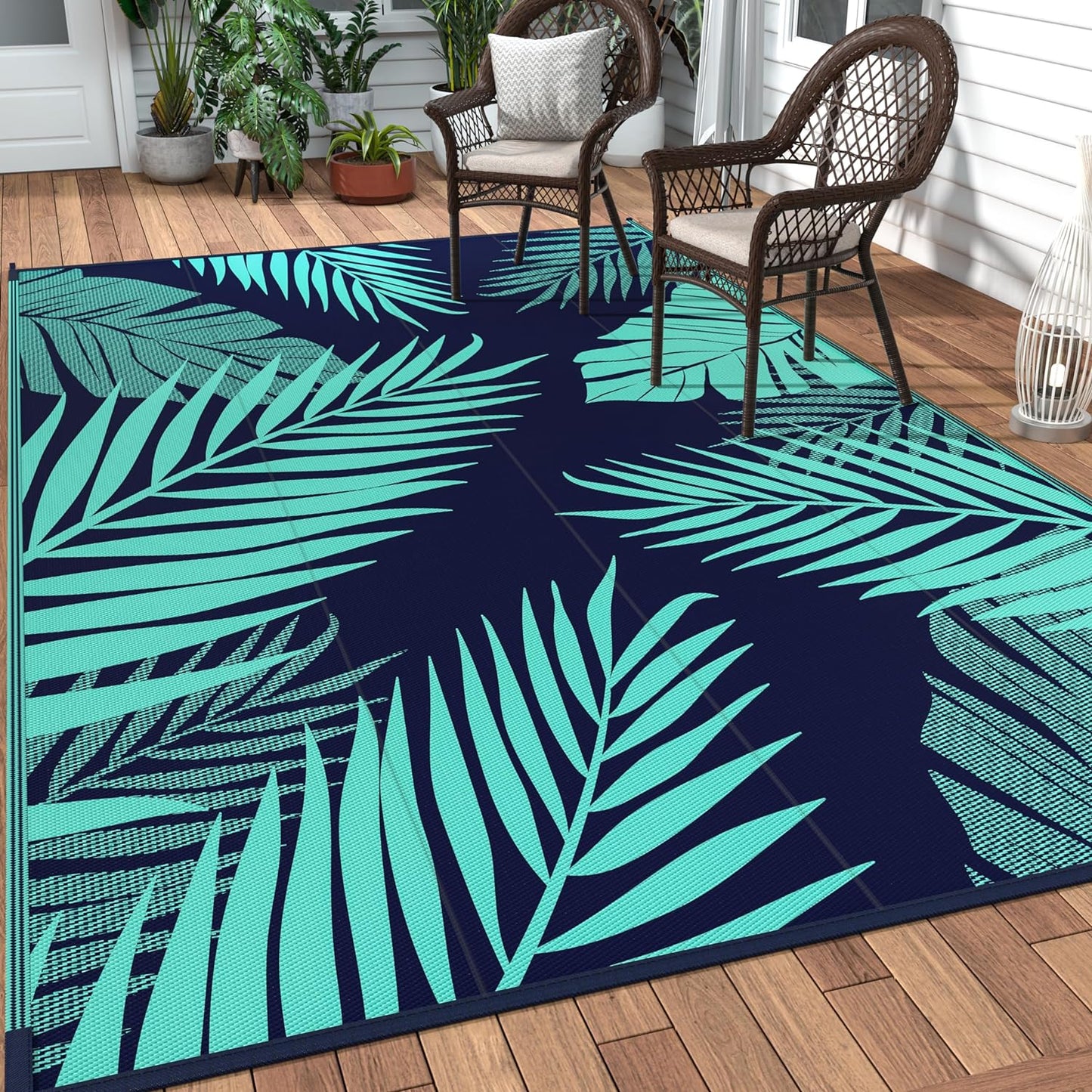 GENIMO Outdoor Rug 6' x 9' Waterproof for Patios Clearance, Reversible Outdoor Plastic Straw Camping Rug Carpet, Large Area Rugs Mats for RV, Camper, Deck, Balcony, Porch, Beach, Navy Blue&Jade Green