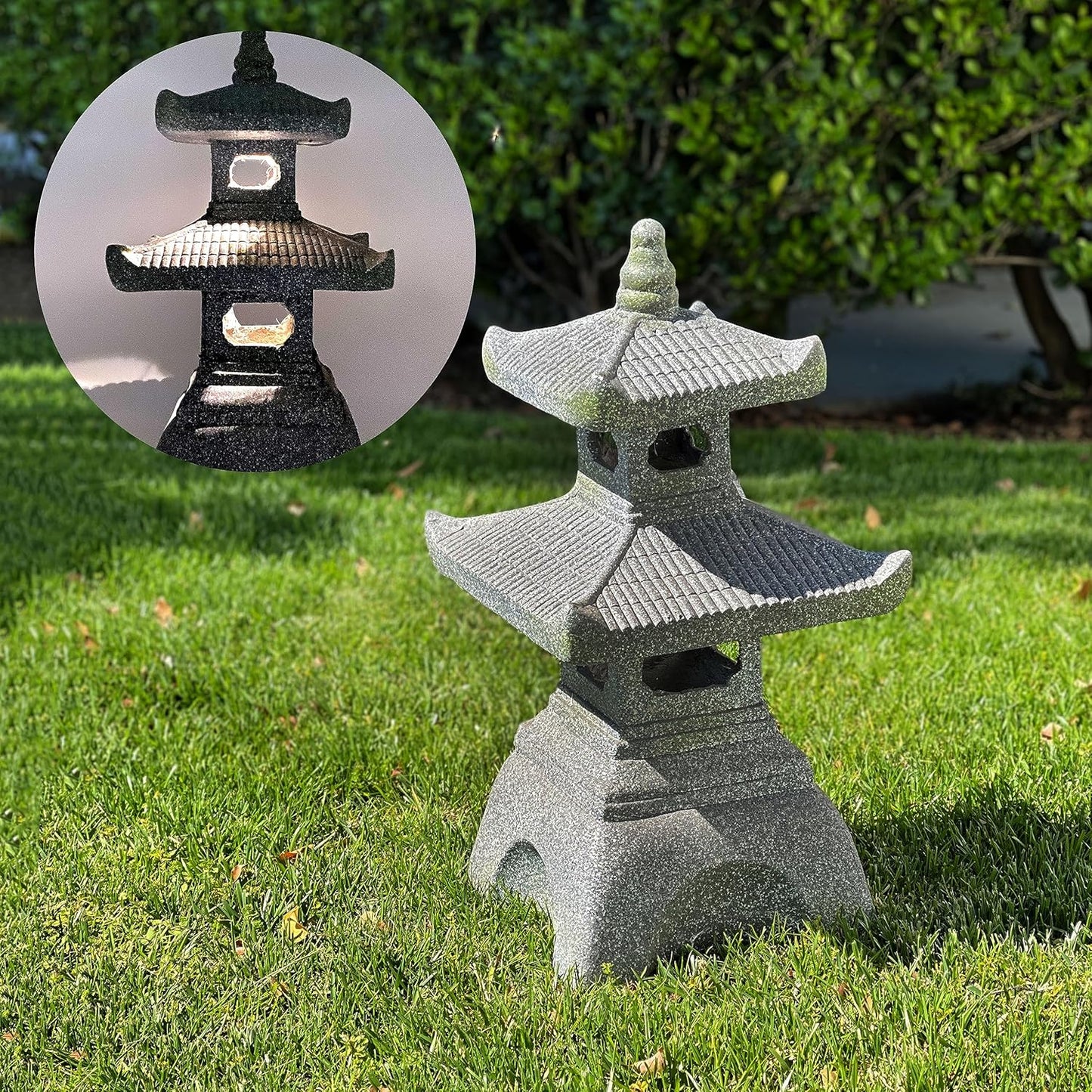 Galt International 2 Tier Pagoda Garden Statue LED Solar Powered Light 26" Tall Outdoor Zen Garden Lantern Landscape Lawn Asian Pagoda Stupa Decor Grey Resin