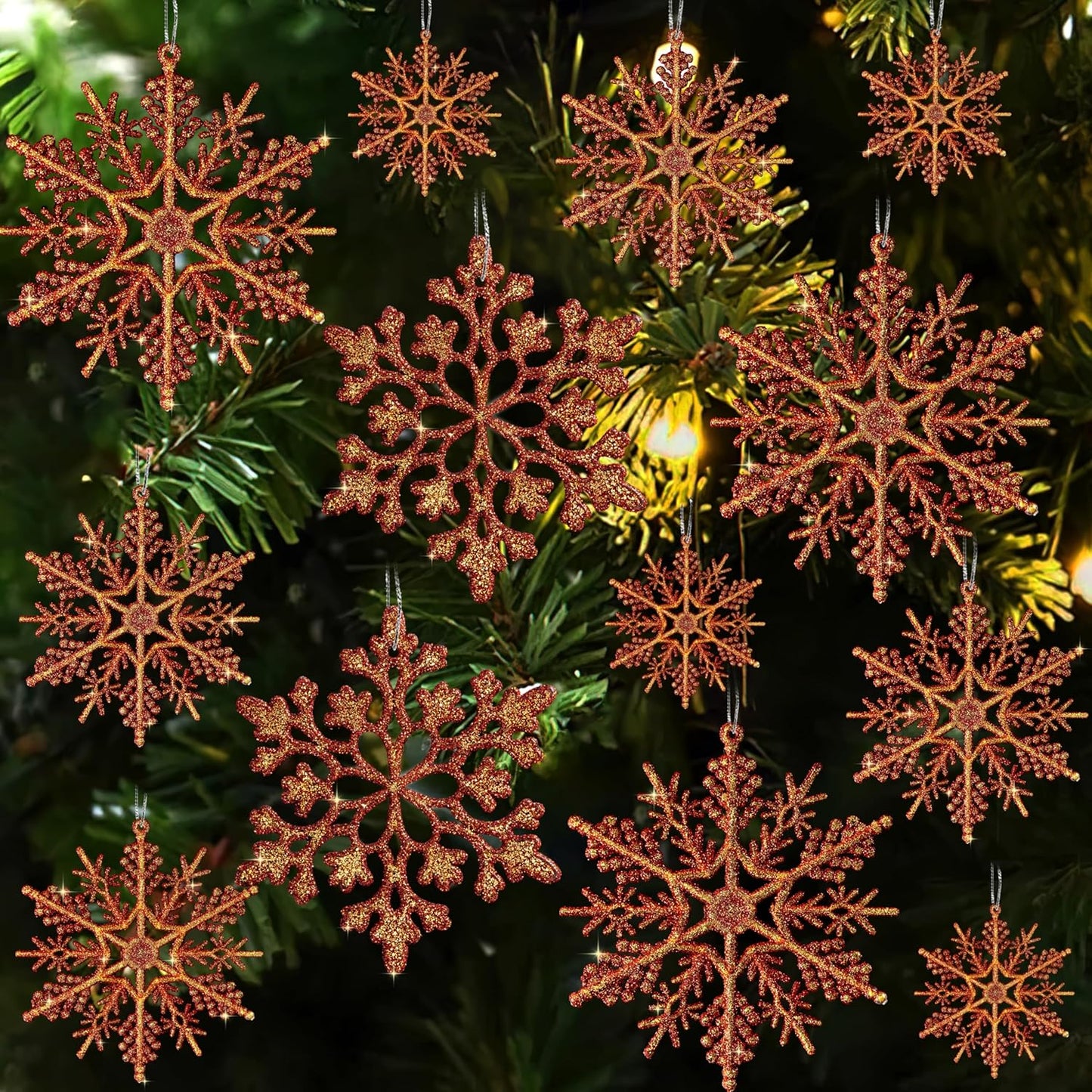 36pcs Snowflakes-Christmas Tree Decorations, Snowflake Ornaments for Tree, Plastic Glitter Red Gold Snow Flakes Ornaments, Christmas Indoor Winter Wonderland Frozen Birthday Party Holiday Home Decor