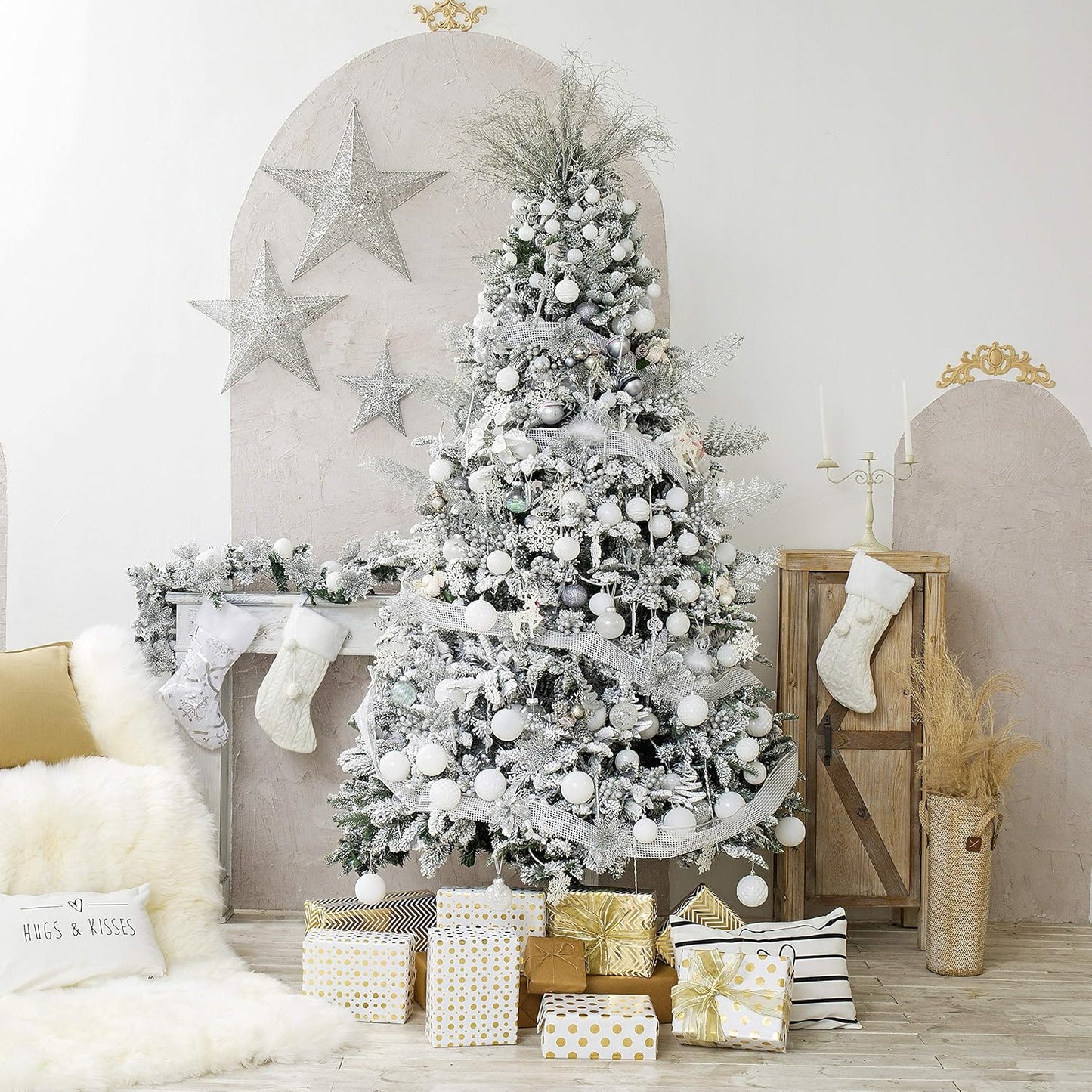 Christmas Ball Ornaments for Christmas Decorations - 41 Pieces Xmas Tree White Shatterproof Ball Ornaments with Hanging Loop for Holiday and Party Decoration